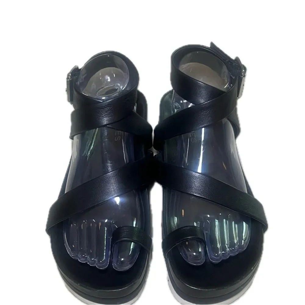 J Slides NYC Black Leather Sandals White Bottom Size 7.5